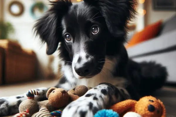 cachorro preto com branco, brincando com seus briquedos