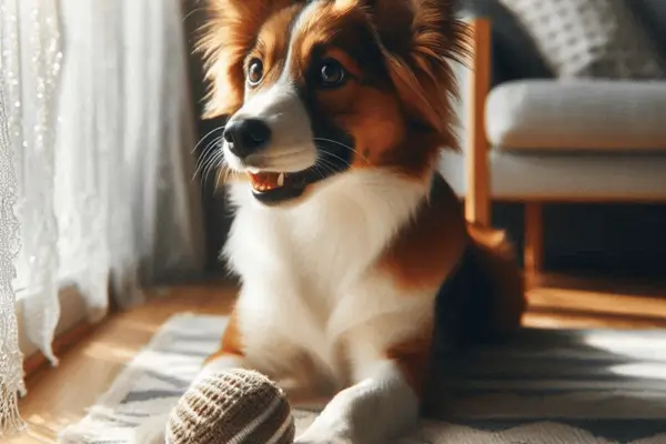 imagem cachorro sentado na salda da casa com bolinha entre as patas