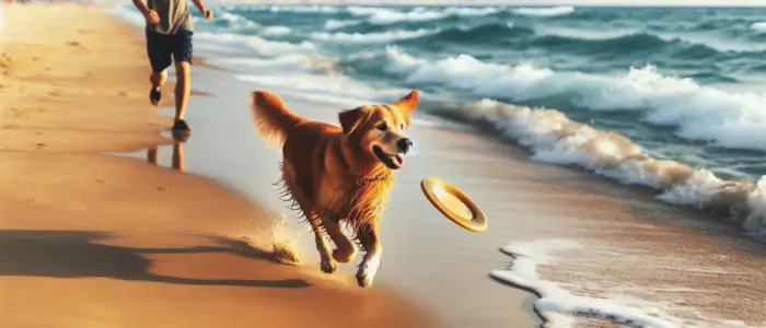 cachorro brincando na praia com um disco