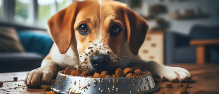 cachorro comendo racao num prato muito sujo