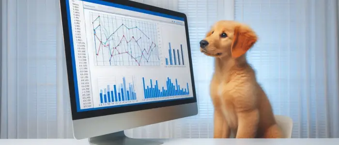 cachorro em frente analisando graficos de pesquisa