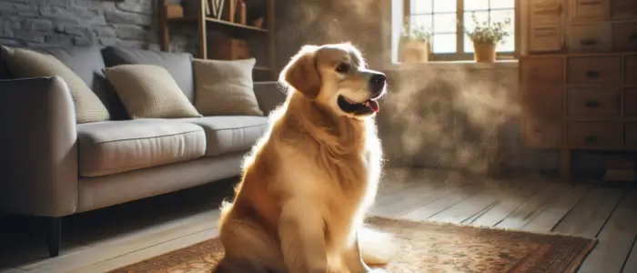 cachorro em um ambiente cheio de poeira