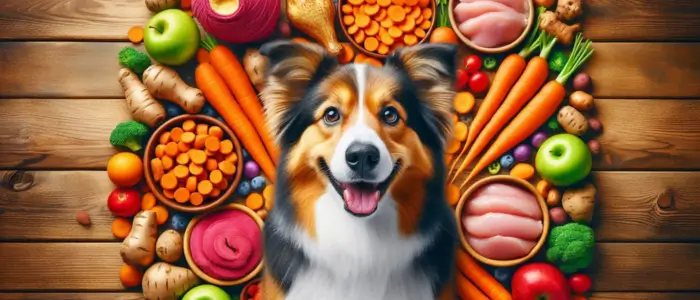 cachorro em volta de varios tipos de alimentos