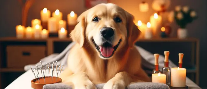 cachorro muito feliz depois de uma sessão de acunpuntura