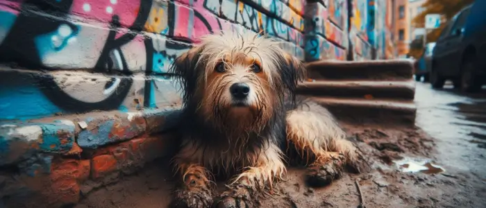 cachorro muito sujo sentado no chao