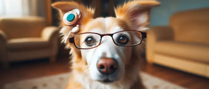 cachorro usando oculos de grau e aparelho auditivo