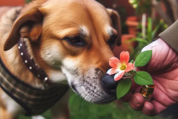 Imagem de um cachorro cheirando uma flor.