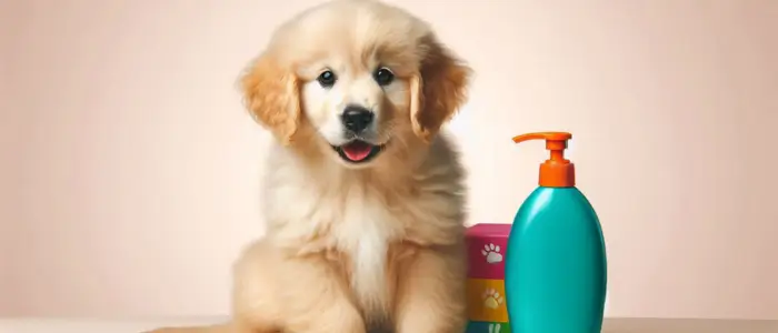 filhote de cachorro ao lado de um pote de shampoo