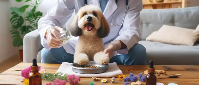 crie um cachorro fazendo terapias com Florais de Bach com um prato de dieta na frente