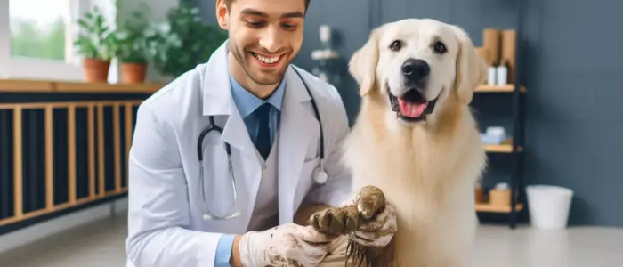 veterinario fazendo higienizacao na pata do cachorro