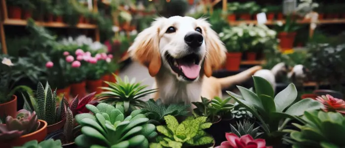 cachorro muito feliz em meio as plantas