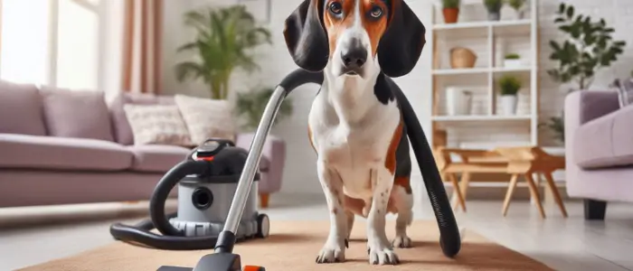 cachorro com um aspirador de po limpando a casa