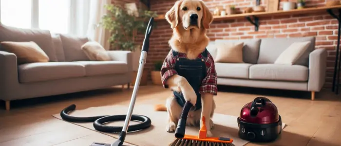 cachorro com vassoura e aspirador de po fazendo limpeza na sala da casa