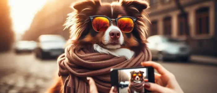 cachorro de oculos de sol tirando fotos orgulhoso do seu lindo pelo