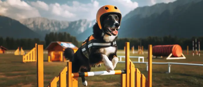 cachorro pulando um osbstaculo de capacete e colete de segurança