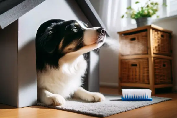 cachorro branco com preto respirando ar puro dentro de casa