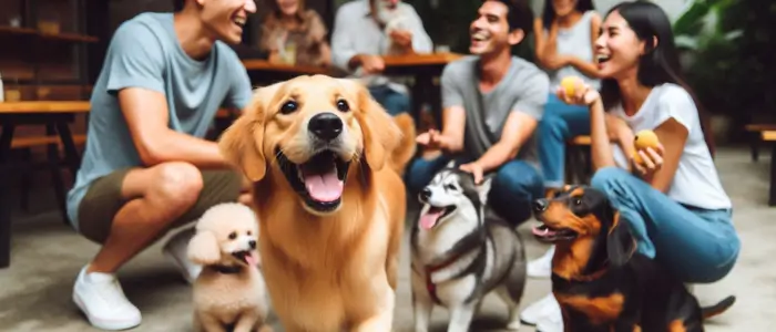 cachorro socializando com outros caes e pessoas