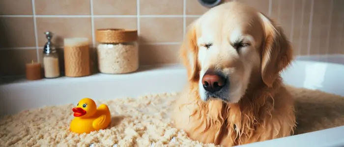 cachorro tomando banho de aveia para aliviar alergias cutâneas em cães