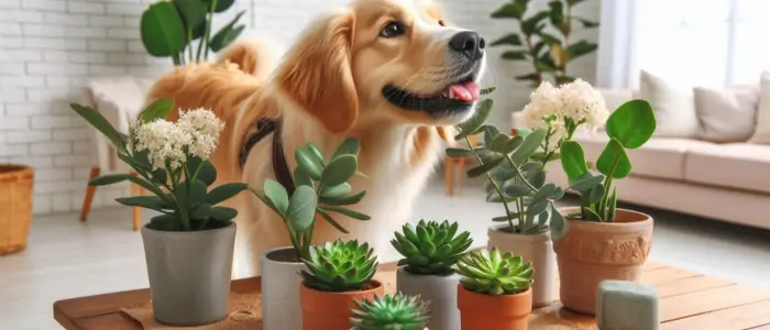 cao feliz com as plantas dentro de casa.webp