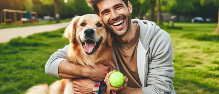 dono de cao muito feliz com seu amigo de quatro patas