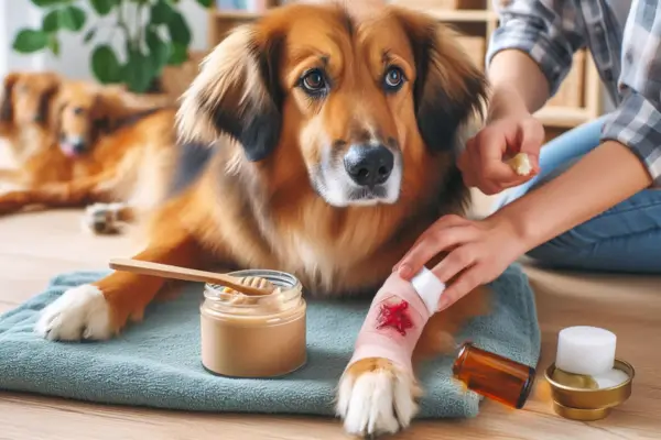 passando pomada caseira para aliviar as alergias do cachorro