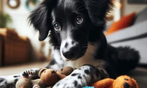 cachorro preto com branco, brincando com seus briquedos