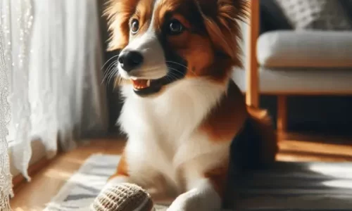 cachorro sentado na salda da casa com bolinha entre as patas