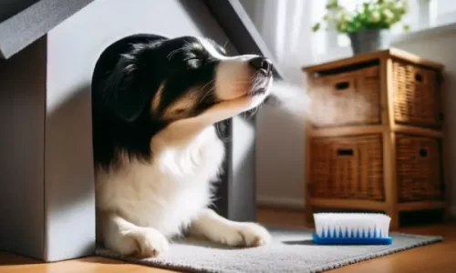 cachorro branco com preto respirando ar puro dentro de casa