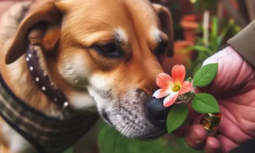 cachorro cheirando uma flor.