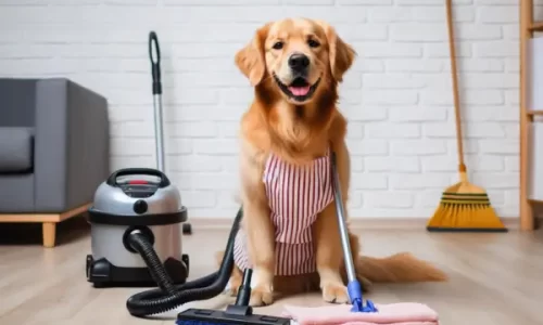 cachorro com ferramentas domesticas para limar a casa